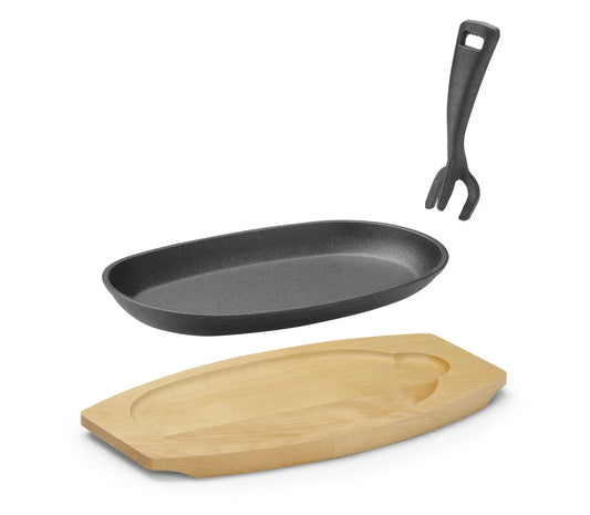 PIATTO IN GHISA CON PINZA E TAGLIERE IN LEGNO